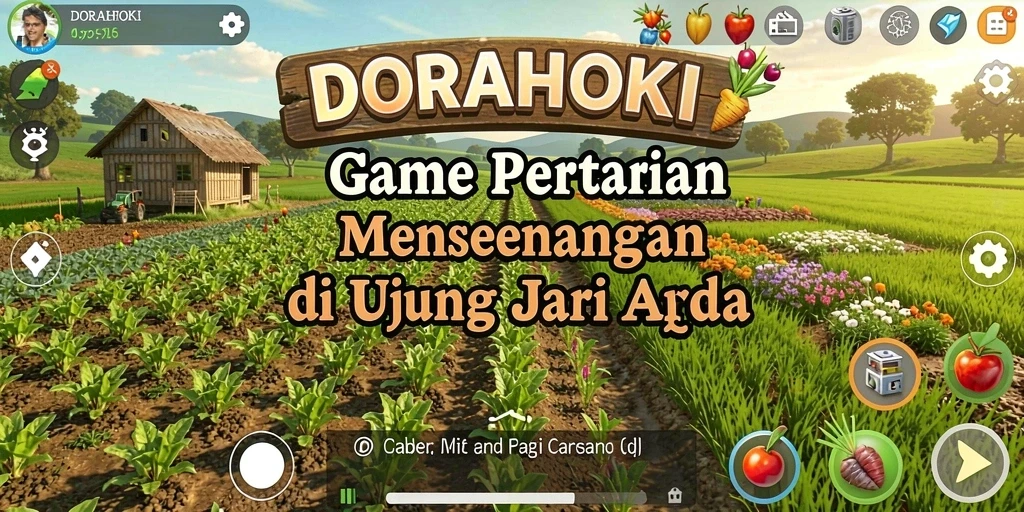 Tampilan interaktif game DORAHOKI dengan ladang subur.