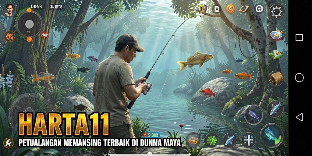 Tampilan gameplay seru HARTA11 dengan aksi menangkap ikan.