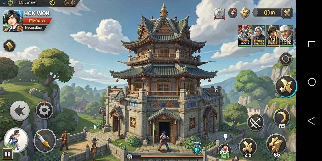 Tampilan gameplay HOKIWON dengan menara dan musuh yang menegangkan.