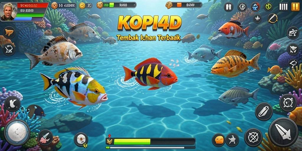 Tampilan gameplay KOPI4D yang seru saat berburu ikan di lautan.