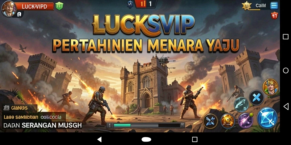 Tangkapan layar LUCKSVIP menampilkan pertahanan menara yang megah melawan gelombang musuh.