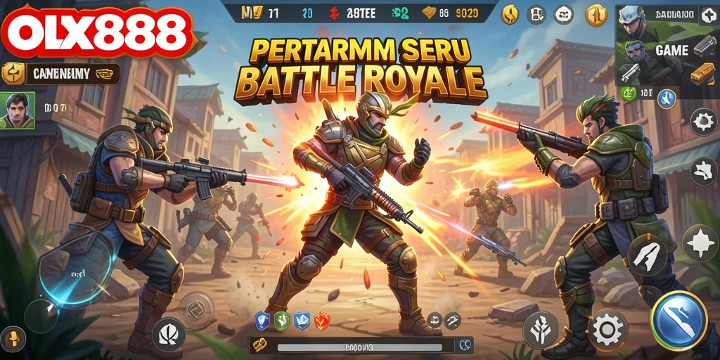 Screenshot utama OLX888 menampilkan aksi pertarungan spanduk Battle Royale.