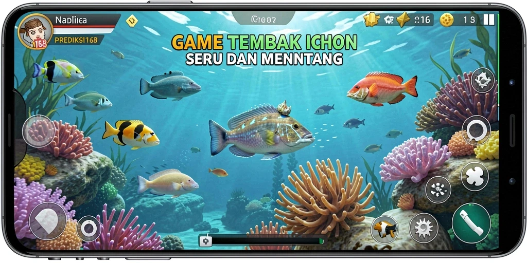 Screenshot gameplay seru Tembak Ikan PREDIKSI168 dengan ikan beragam.