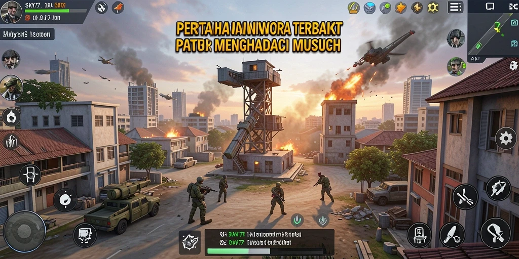 Screenshot menunjukkan aksi seru di battlefield Tower Defense SKY77.