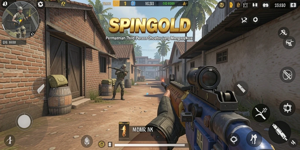 Gameplay SPINGOLD menampilkan aksi tembak-menembak yang intens.