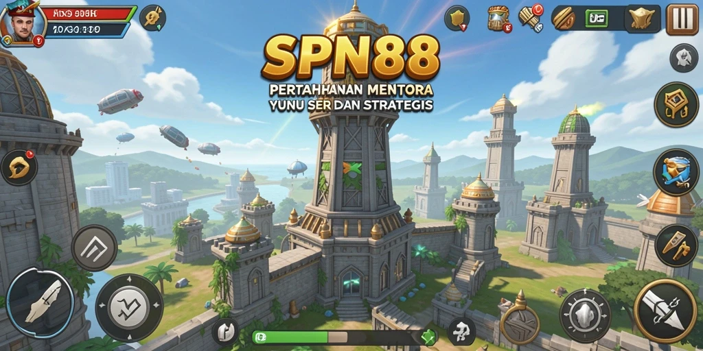 Tangkapan layar gameplay SPN88 menampilkan aksi menara melawan gelombang musuh.