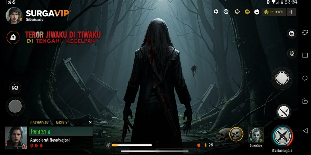 Screenshot gameplay SURGAVIP menampilkan suasana menyeramkan dan atmosfer mencekam.