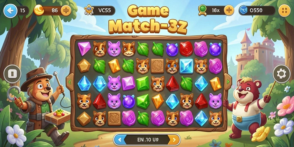 Tampilan gameplay seru dengan tantangan Match-3 yang mengasyikkan.